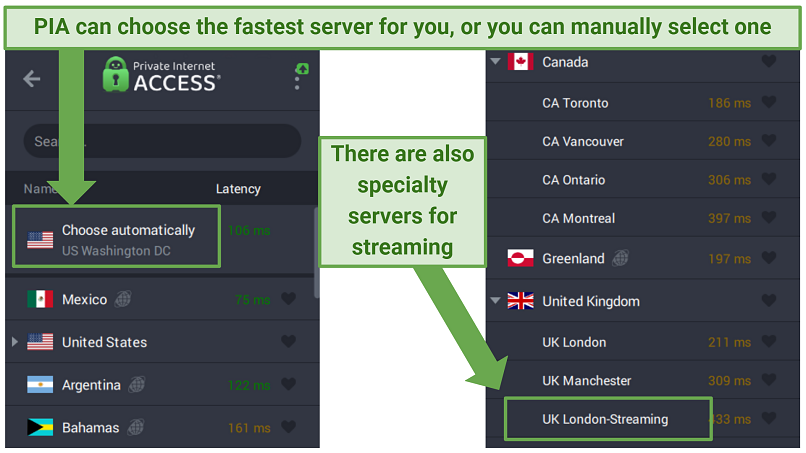 PIA's Windows app displaying different server options
