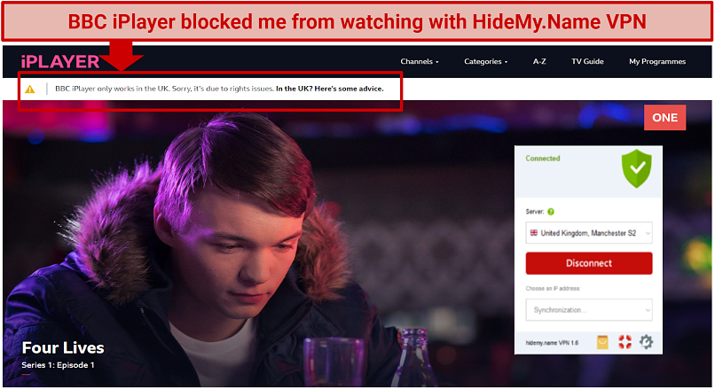 Screenshot showing BBC iPlayer blocking HideMy.Name VPN