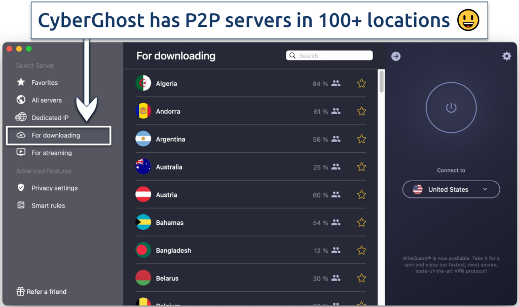 Screenshot showing CyberGhost's specialty P2P For downloading servers