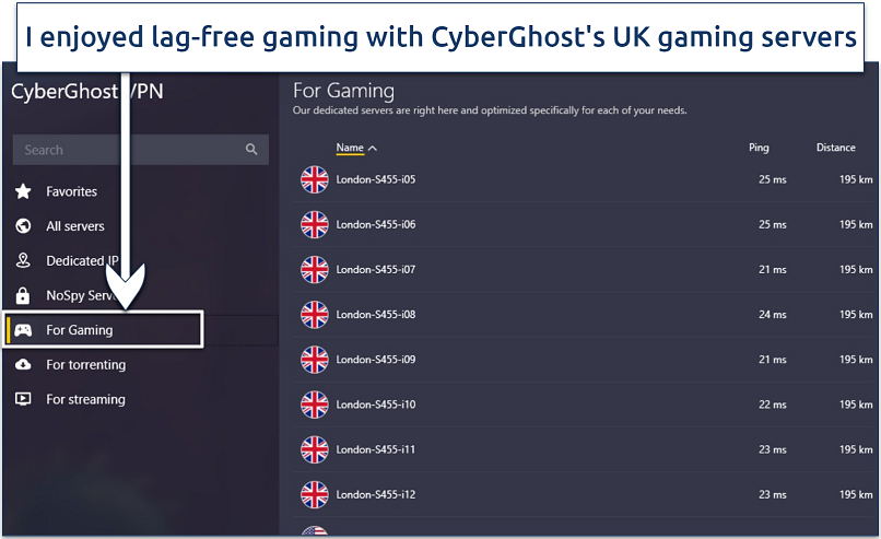 Screenshot showing a list of CyberGhost's gaming-optimized servers