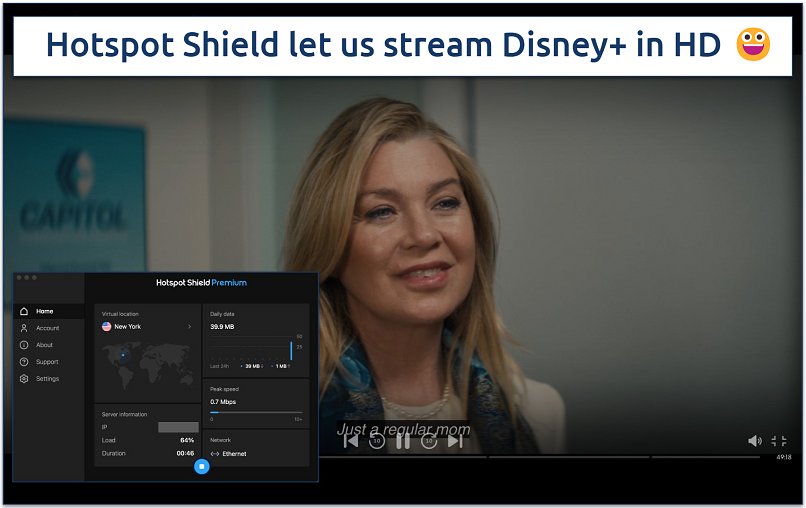 Screenshot of Disney+ streaming with Hotspot Shield connected
