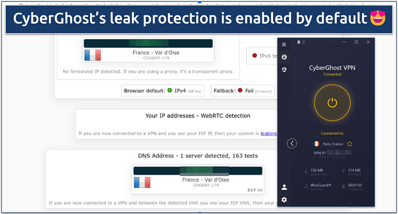 Screenshot of CyberGhost's leak tests