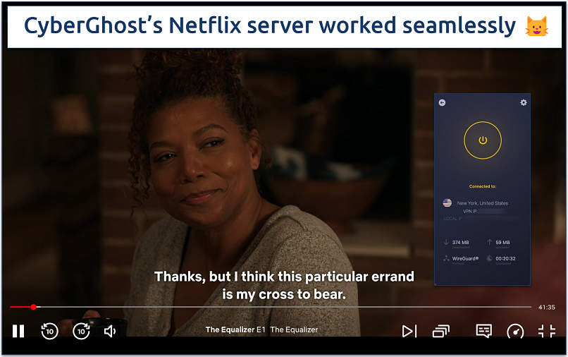 Screenshot of The Equalizer streaming on Netflix with CyberGhost connected