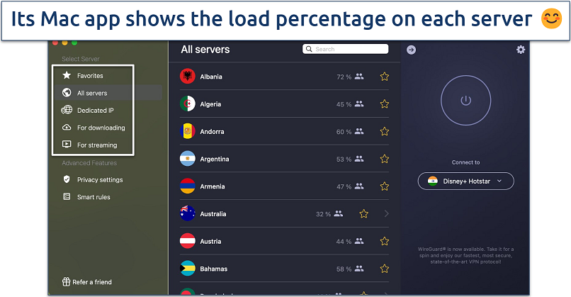 Screenshot of CyberGhost VPN app showing server list with load percentages for different countries