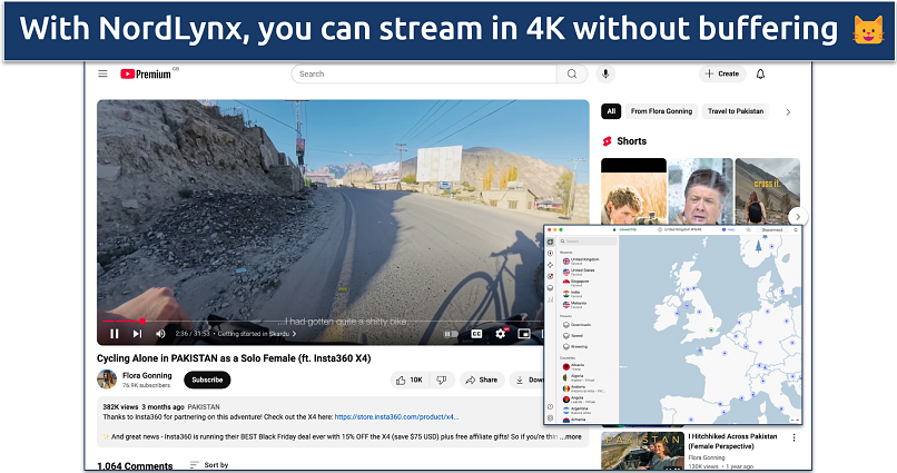 Screenshot of YouTube Premium streaming through NordVPN connected to UK server