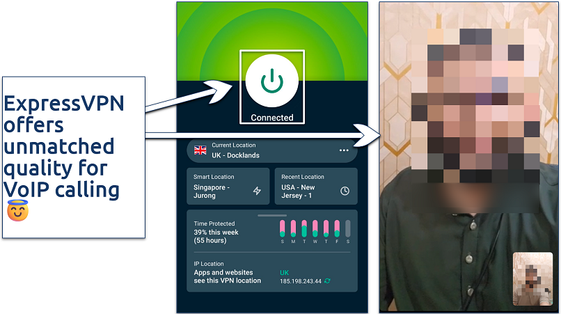 Screenshot showing a WhatsApp video call with ExpressVPN connected to the UK Docklands server