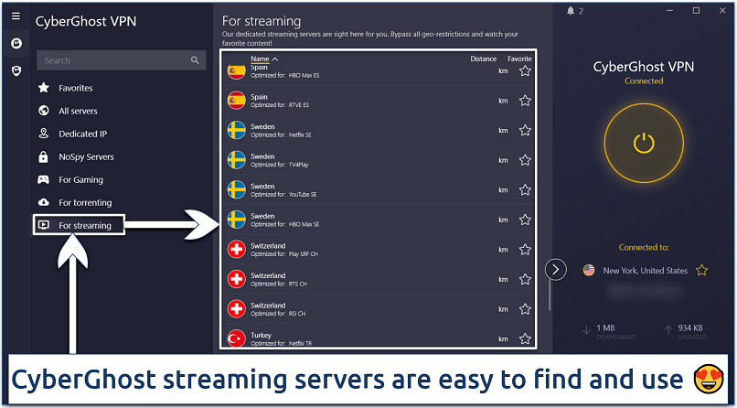 Screenshot of the CyberGhost app interface showing streaming servers