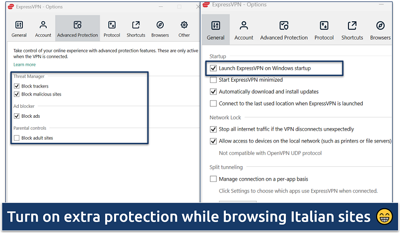 ExpressVPN settings showing advanced protection and startup options