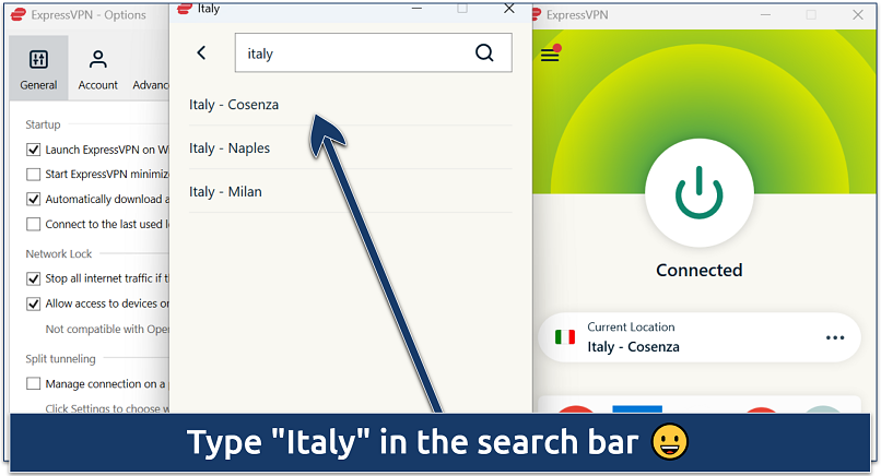 ExpressVPN app showing available server locations in Italy