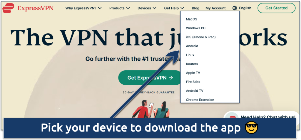 ExpressVPN website showing supported devices for downloading the VPN