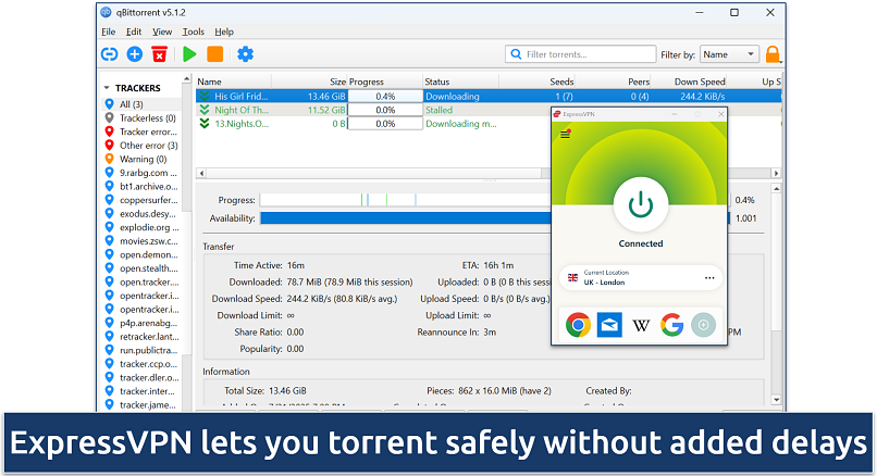Screenshot showing ExpressVPN connected to a UK server while qBittorrent is actively downloading torrents