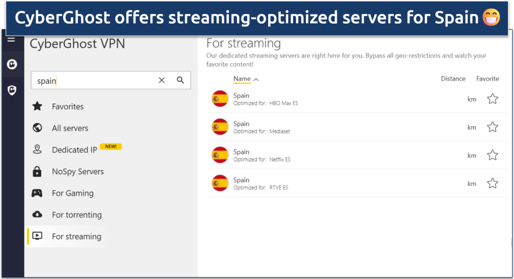CyberGhost VPN app showing streaming servers optimized for Spanish platforms