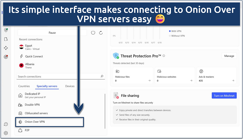 Screenshot showing NordVPN has Onion Over VPN servers