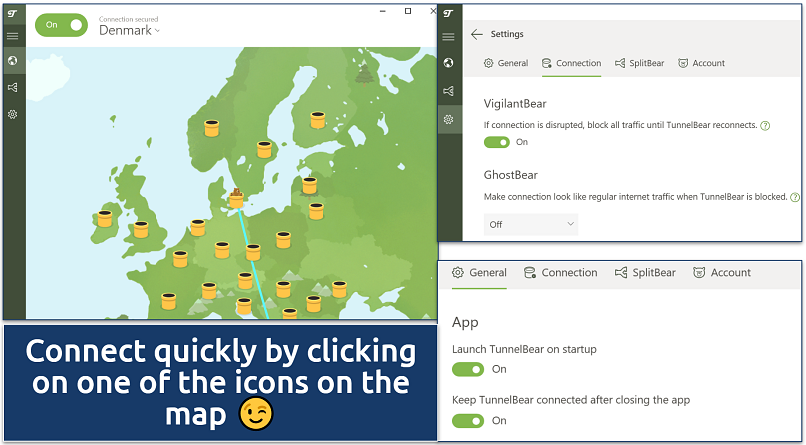 Screenshot of Tunnelbear's security features on Windows app