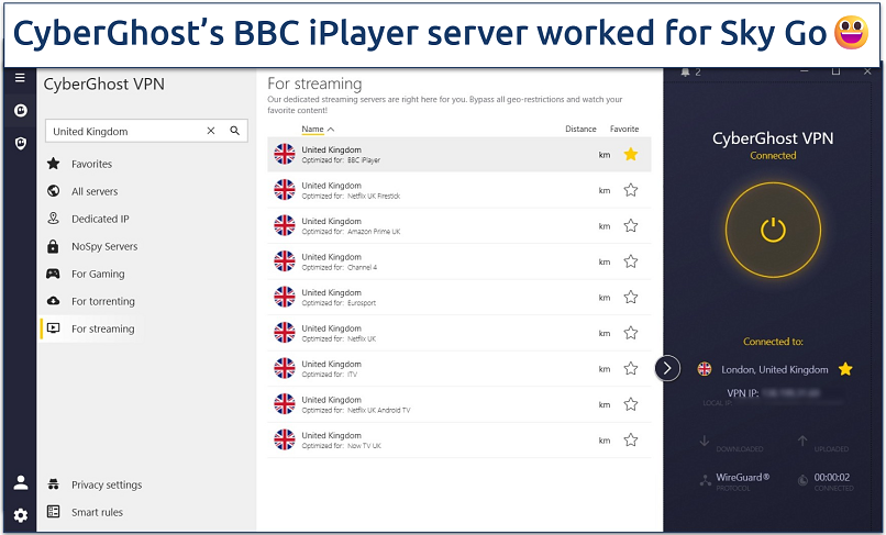 Screenshot of the CyberGhost Windows app with an active connection to the BBC iPlayer server and the United Kingdom streaming server list