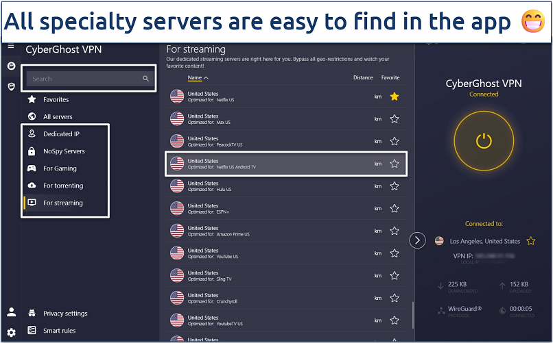 Screenshot of CyberGhost's Windows app with its specialty server categories highlighted